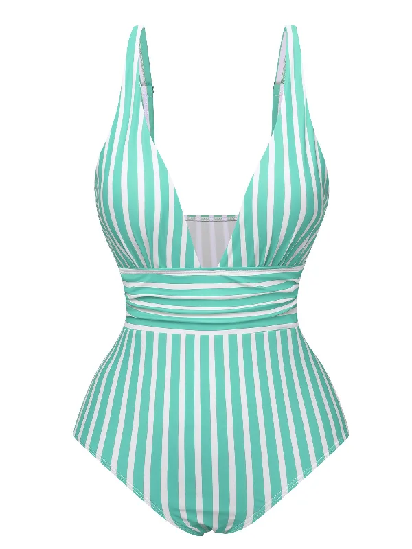 1950s Stripes Spaghetti Strap One-Piece Swimsuit Sleek Women's Metallic