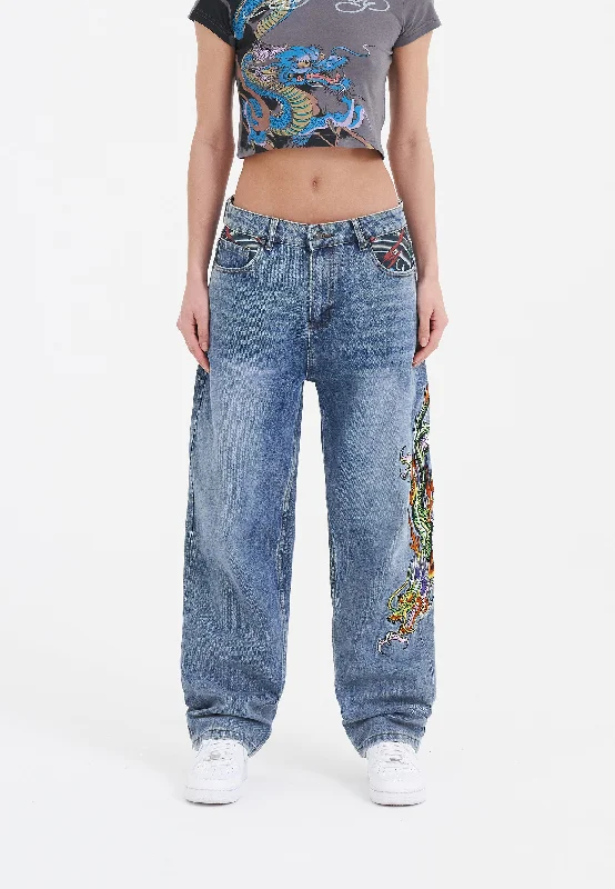 Womens Crawling Dragon Relaxed Fit Denim Trousers Jeans - Bleach Artistic Women's Hand - painted Womens Crawling Dragon Relaxed Fit Denim Trousers Jeans - Bleach Artistic Women's Hand - painted