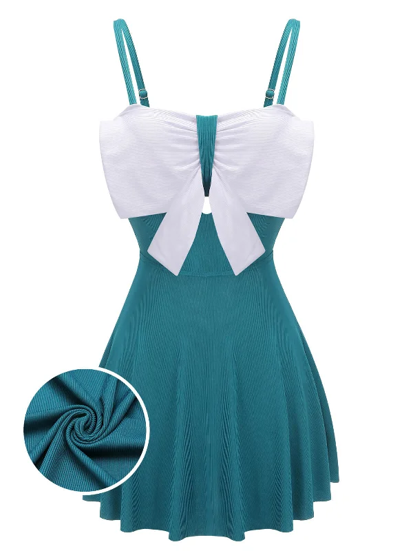 Blue 1930s Bow Strap One-piece Swimsuit Bold Women's Statement