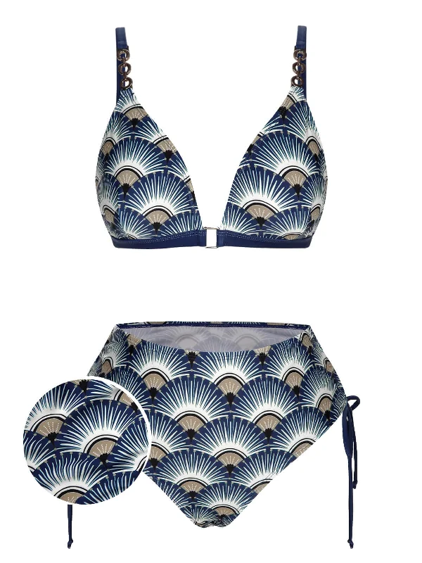 Blue 1930s Ancient Fan Lace-Up Bikini Set Minimalist Women's Casual