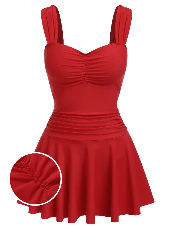Red 1950s Pleated Solid One-Piece Swimsuit Cool Women's Distressed