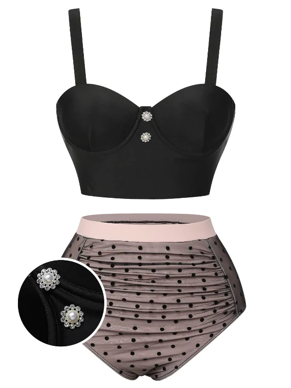 Black 1960s Polka Dots Mesh Swimsuit Refined Women's Velvet