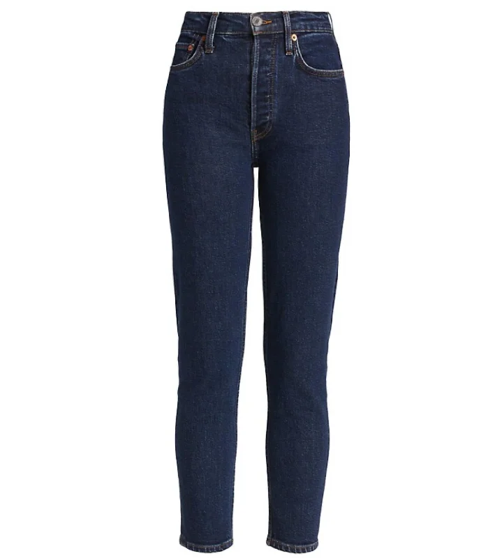 70S Stove Pipe Dark Rinse 5 Pocket Style Cropped Denim Jeans In Dark Blue Refined Women's Hand - crafted