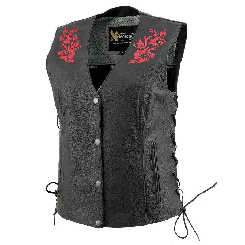 Xelement XS24006 Women's ‘Gemma’ Black and Red Motorcycle Rider Leather Vest with Side Laces Vacation Xelement XS24006 Women's ‘Gemma’ Black and Red Motorcycle Rider Leather Vest with Side Laces Vacation