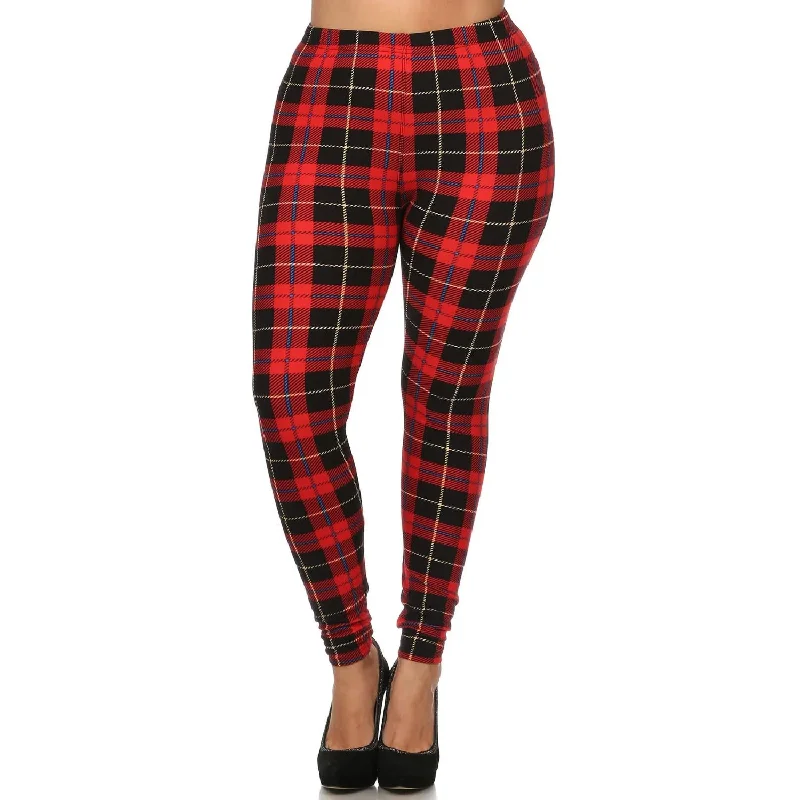 Plus Size Plaid & Checkered Print, Full Length Leggings In A Fitted Style Sophisticated Women's Tailored