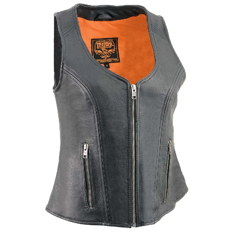 Milwaukee Leather MLL4530 Women's Black Leather Open Neck Motorcycle Rider Vest W/ Front Zip and Stitching detail Monochromatic All - in - one Milwaukee Leather MLL4530 Women's Black Leather Open Neck Motorcycle Rider Vest W/ Front Zip and Stitching detail Monochromatic All - in - one