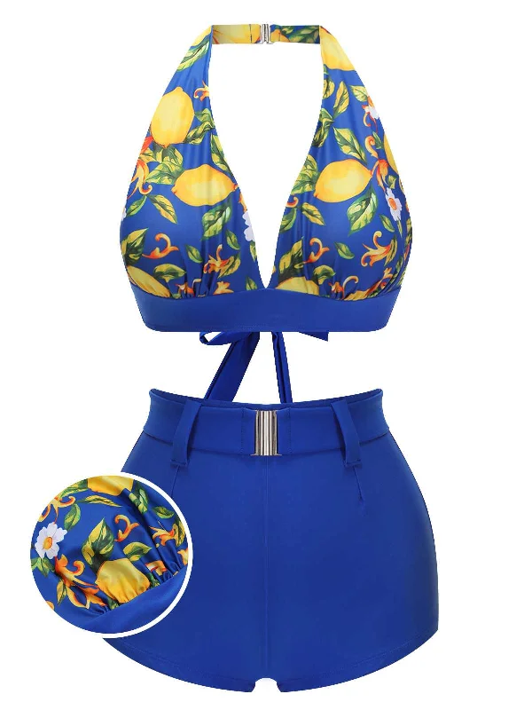 Blue 1930s Halter Lemon Belted Swimsuit Disco