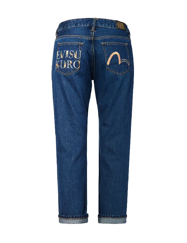 Boyfriend-fit Denim Jeans with Duo Iridescent Stitching Logo Embroidery Traditional Women's 