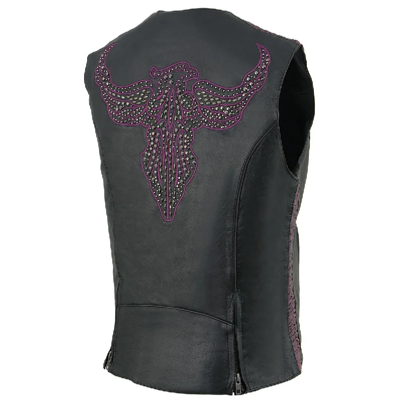 Milwaukee Leather MLL4570 Women's Studded Phoenix Black/Purple Leather Motorcycle Vest w/ Embroidery Art Hip Women's Urban Milwaukee Leather MLL4570 Women's Studded Phoenix Black/Purple Leather Motorcycle Vest w/ Embroidery Art Hip Women's Urban