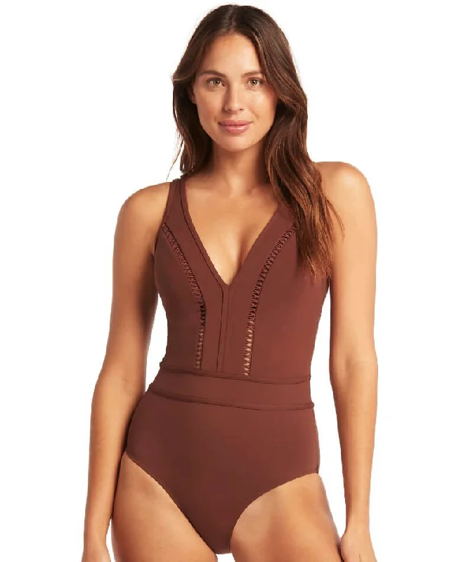 Sea Level Lola Shimmer Spliced Plunge with Ladder Lace One Piece Swimsuit - Cinnamon Sleek Women's Metallic