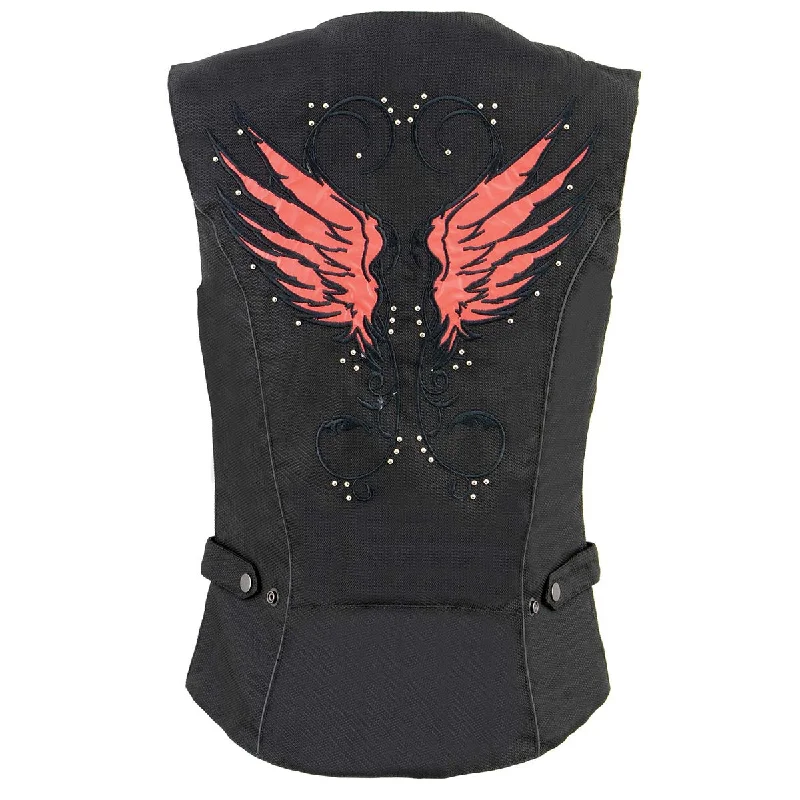 Milwaukee Leather SH1955 Ladies Black and Red Textile Vest with Wing Embroidery Laid - back Women's Style Milwaukee Leather SH1955 Ladies Black and Red Textile Vest with Wing Embroidery Laid - back Women's Style