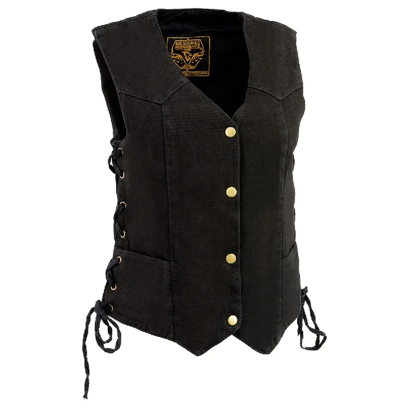 Milwaukee Leather MDL4001 Women's Black Denim Motorcycle Vest with Side Lace and 4 Snap Front Traditional Women's Milwaukee Leather MDL4001 Women's Black Denim Motorcycle Vest with Side Lace and 4 Snap Front Traditional Women's