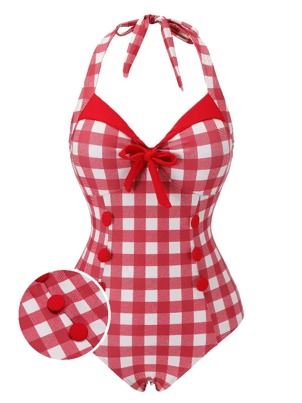 Red 1950s Plaids Added Bowknot Swimsuit Stylish Women's Tropical 