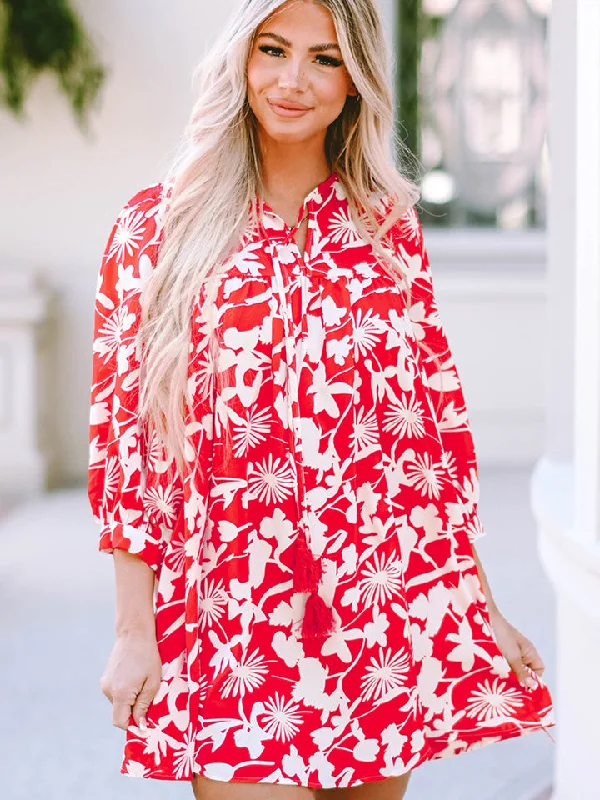Floral Print Notched Neck Mini Dress Practical Women's Multi - 
