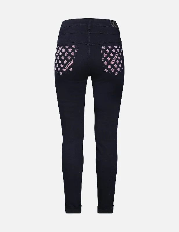 Allover Kamon and Logo-pattern Pocket High-waist Skinny Jeans Elegant Women's Formal 