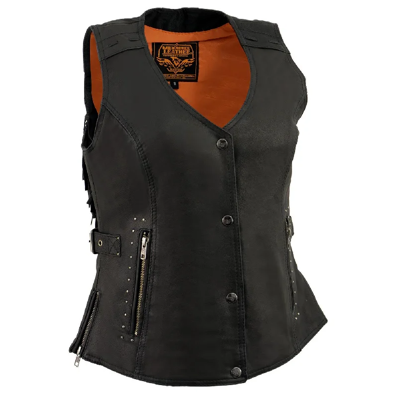Milwaukee Leather MLL4565 Women's Black Fringed Leather Rivet Detail Side Buckle and Zipper Motorcycle Rider Vest Athletic Women's High - Milwaukee Leather MLL4565 Women's Black Fringed Leather Rivet Detail Side Buckle and Zipper Motorcycle Rider Vest Athletic Women's High -