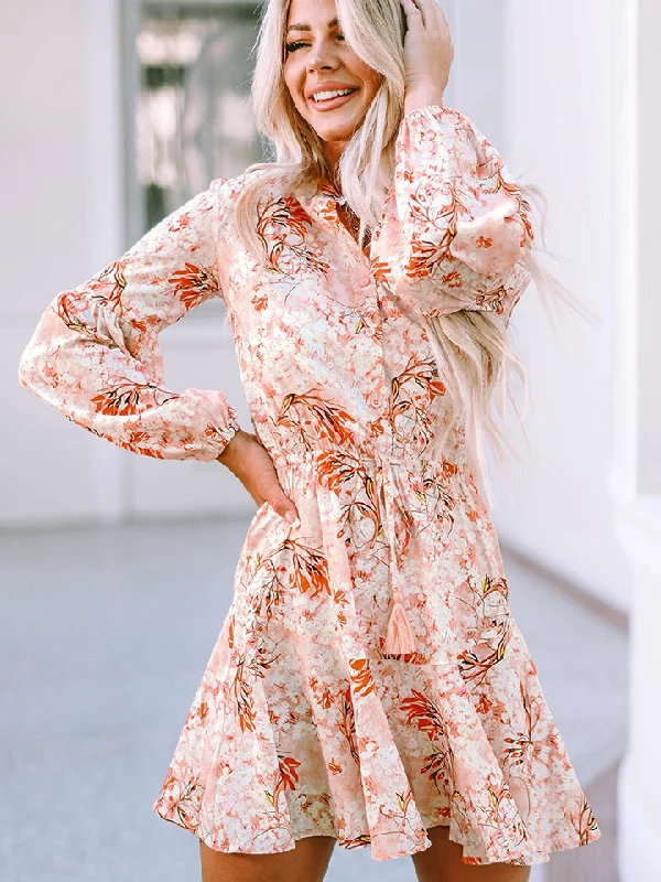 Printed Button-Up Long Sleeve Dress Adventure