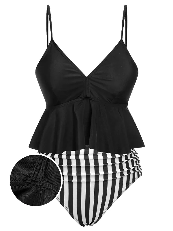 Black 1950s Striped Printed Separate Swimsuit Sleek Women's 