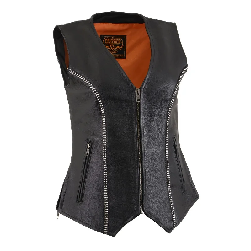 Milwaukee Leather MLL4502 Women's Black Leather Classic V-Neck Motorcycle Rider Vest with Rhinestone Bling Detail Relaxed Women's Milwaukee Leather MLL4502 Women's Black Leather Classic V-Neck Motorcycle Rider Vest with Rhinestone Bling Detail Relaxed Women's