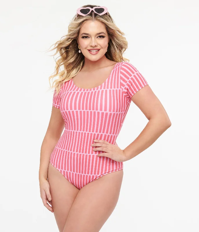 Pink Stripe Sleeved One Piece Swimsuit Geometric