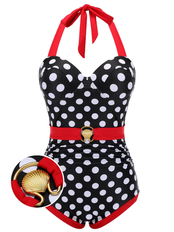 Black & Red 1950s Dots Halter Swimsuit Monochromatic All - in - one
