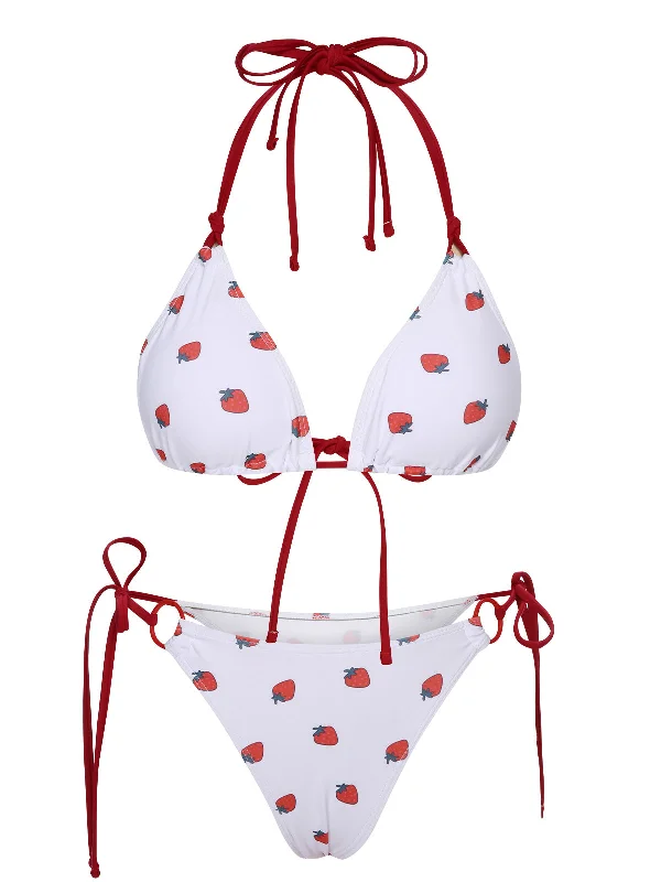 White 1960s Strawberry Lace-Up Halter Bikini Set Sporty Women's Tennis