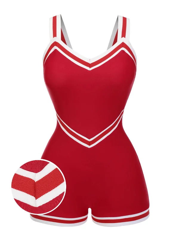 Red 1940s Solid Patchwork V-Neck Swimsuit Cashmere