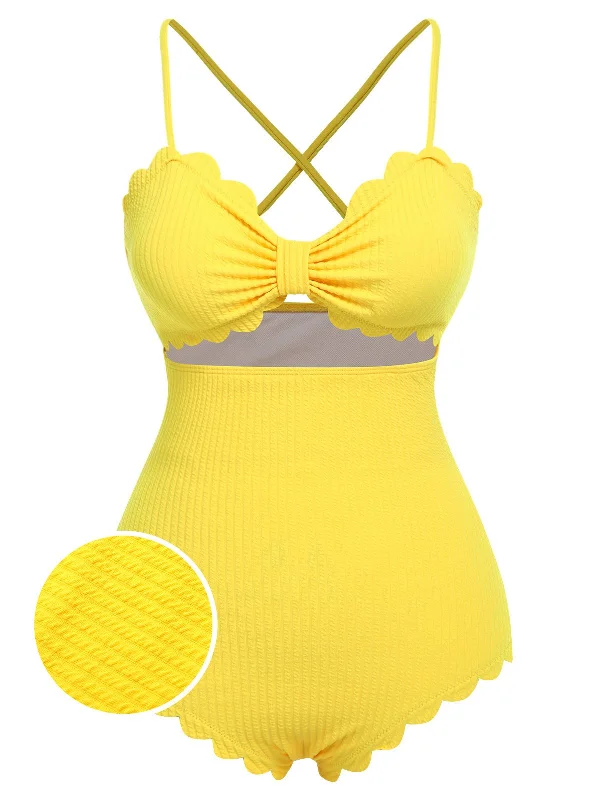 Yellow 1950s Spaghetti Strap One-Piece Swimsuit European