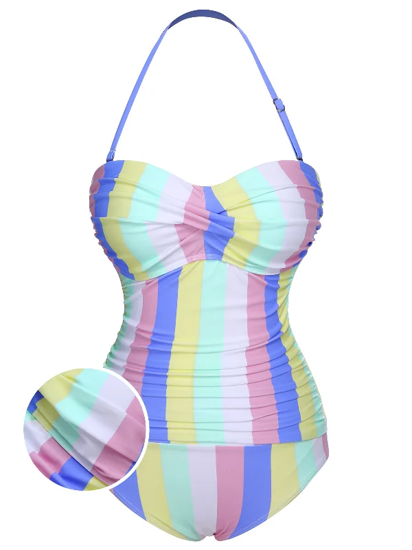 1950s Colorful Striped One-Piece Swimsuit Vacation
