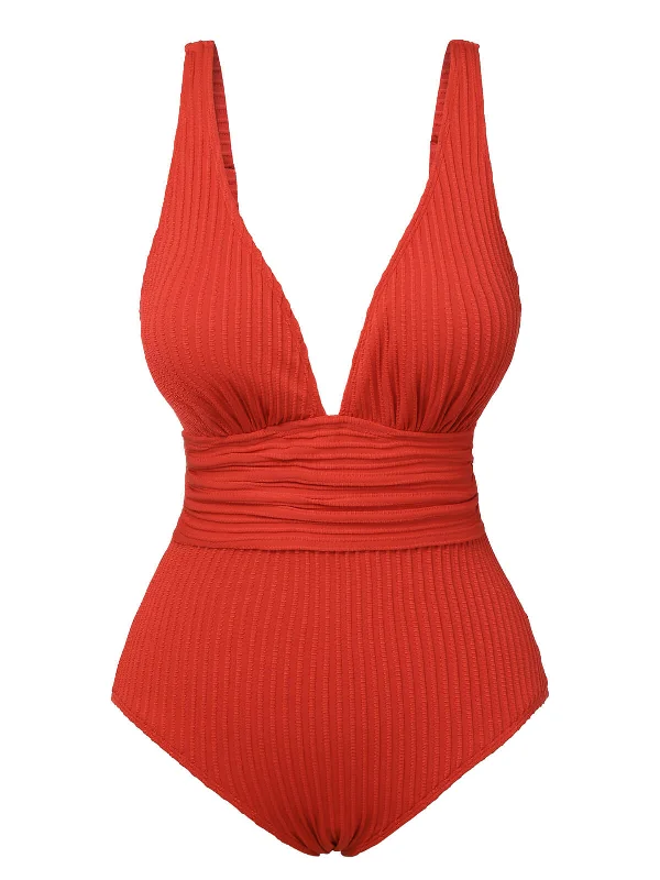 Red 1950s Solid Deep V One-Piece Swimsuit Refined Women's Classic 