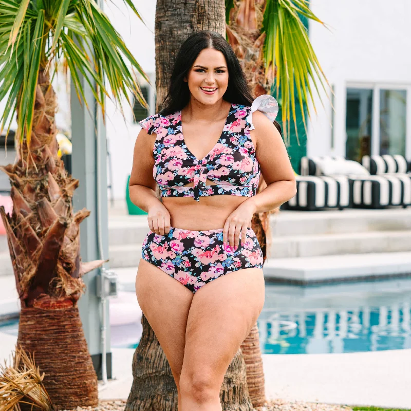 Island Getaway Swim Bottom, Black Floral Sophisticated Women's 