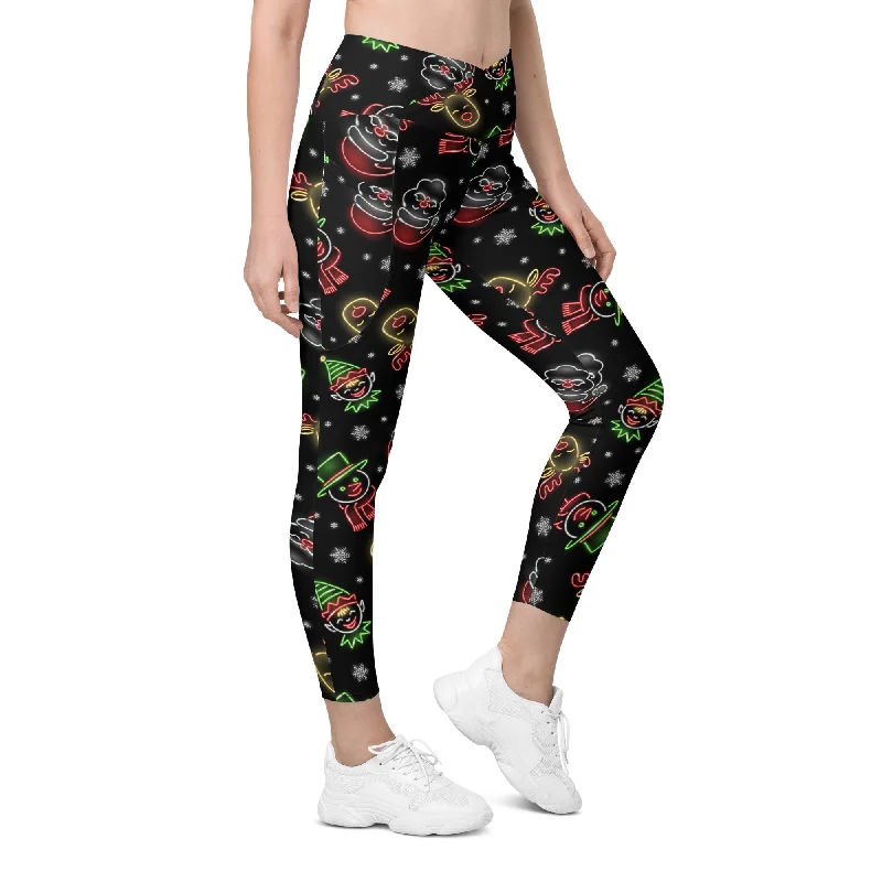 Neon Christmas Crossover Leggings With Pockets Sporty Women's Tennis