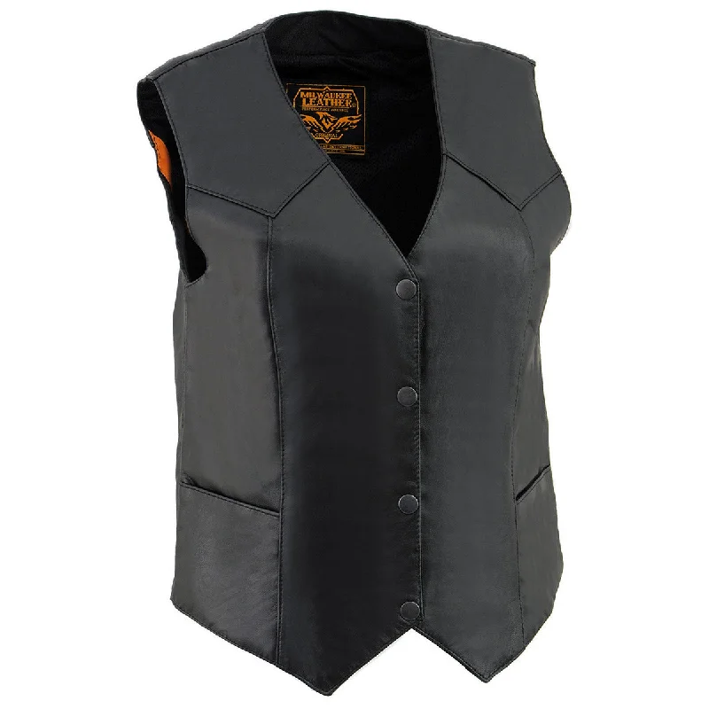 Milwaukee Leather SH1227 Women's Black Leather Classic Western Motorcycle Rider Vest- Front 4-Snap Button Closure Classic Women's Tweed Milwaukee Leather SH1227 Women's Black Leather Classic Western Motorcycle Rider Vest- Front 4-Snap Button Closure Classic Women's Tweed