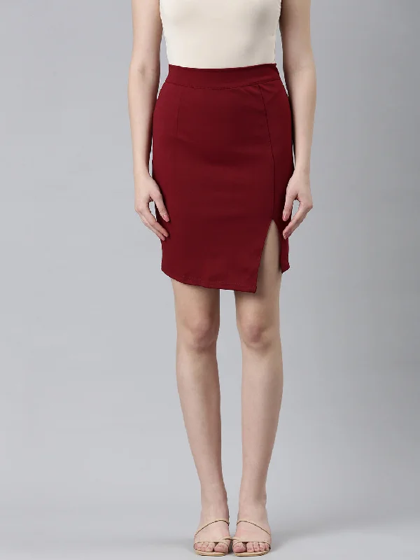 Women Maroon Solid Pencil Skirt Hip Women's Urban