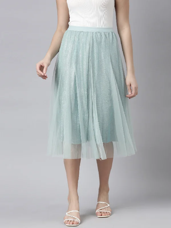 Women Solid Sea Green Flared Midi Sheer Skirt Feminine Women's Style 
