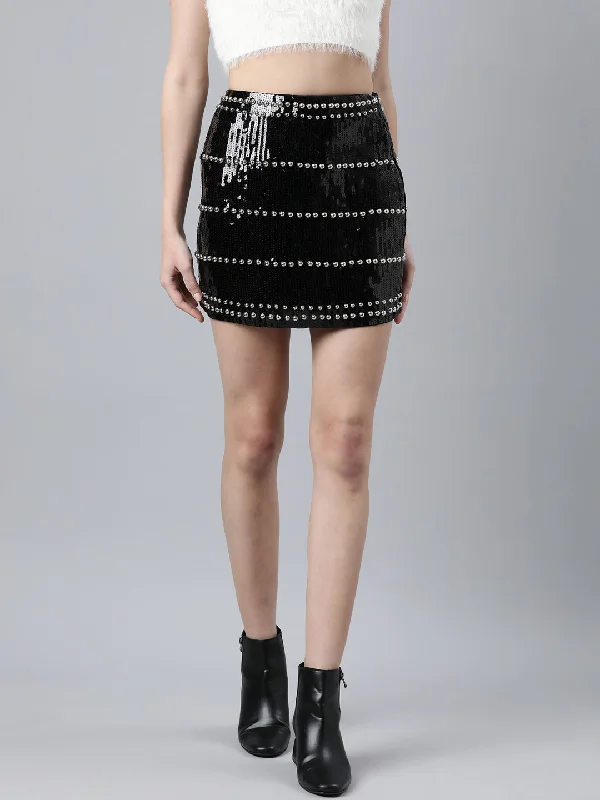 Women Embellished A-Line Black Mini Skirt Street