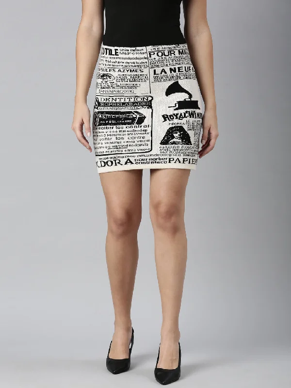 Women Self Design Cream Pencil Mini Skirt Women