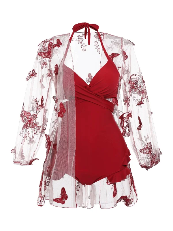 2PCS 1960s Red Butterfly Halter One-piece Swimsuit Dynamic Women's High - energy