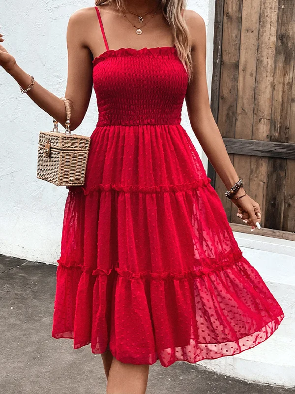 Smocked Sleeveless Swiss Dot Midi Dress Laid - back Women's Style