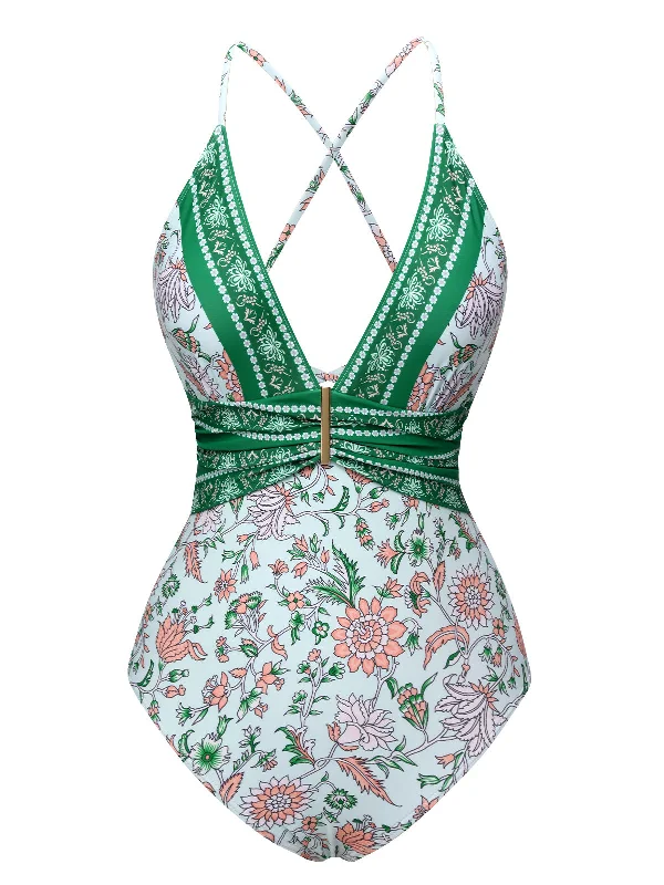 Green 1950s Floral Spaghetti Strap Swimsuit Feminine Women's Soft 