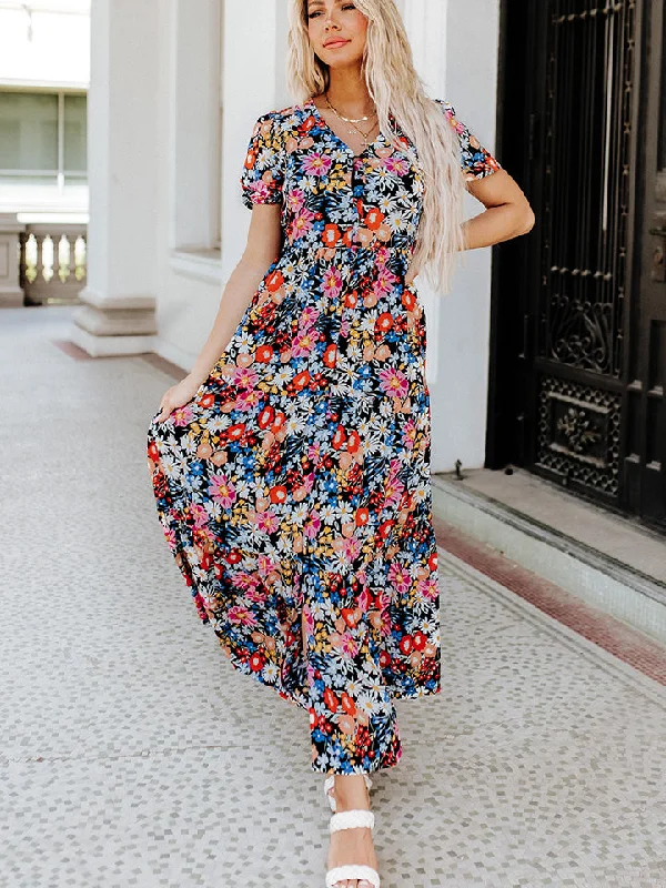Printed V-Neck Short Sleeve Maxi Dress Minimalist Women's Casual