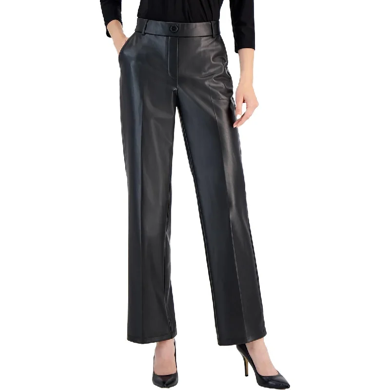 Petites Womens High Rise Faux Leather Wide Leg Pants Bold Women's Animal Print