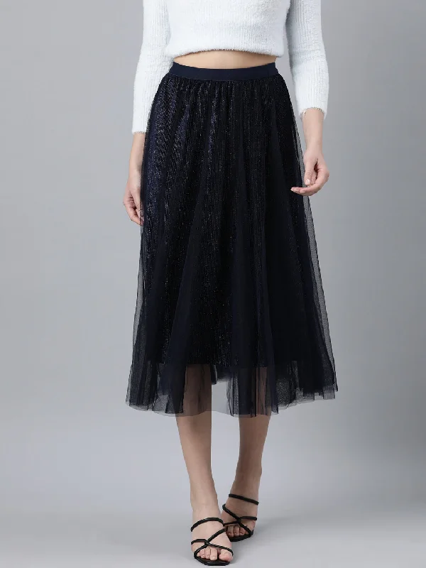 Women Solid Navy Blue Flared Midi Skirt Streetwear Style for 