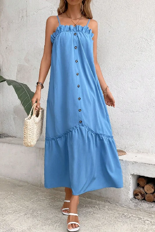 Ruffle Trim Buttoned Sleeveless Maxi Dress Gym