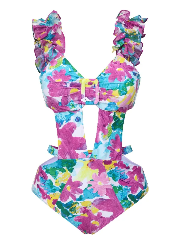 1960s Floral Ruffle Cutout Swimsuit Youthful Women's Anime - inspired
