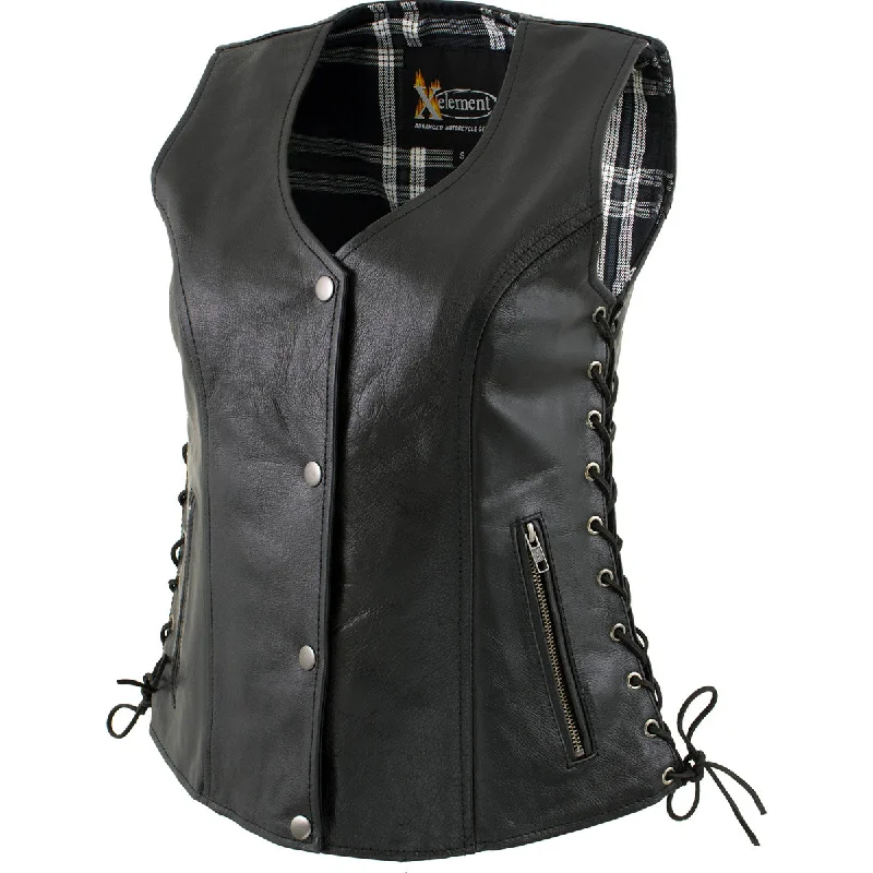 Xelement XS4505 Women's Black ‘Flannel’ Motorcycle Biker Rider Leather Vest with Snap Button Closure Street Xelement XS4505 Women's Black ‘Flannel’ Motorcycle Biker Rider Leather Vest with Snap Button Closure Street