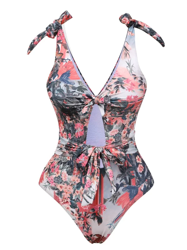 1940s Retro Pictorial Hollow One-Piece Swimsuit Confident Women's High - fashion