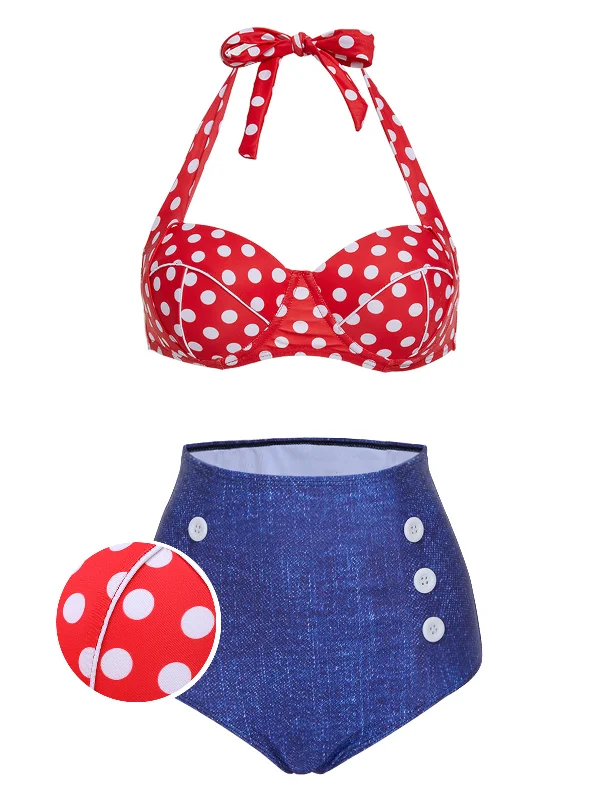 1950s Retro Polka Dot Halter Bikini Swimsuit Vintage Women's 1970S 