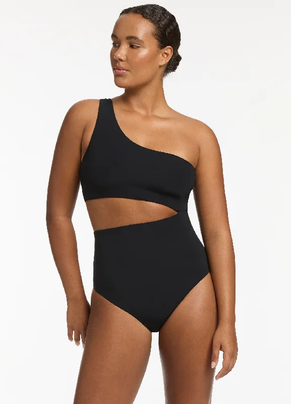 Jetset One Shoulder One Piece - Black Geometric