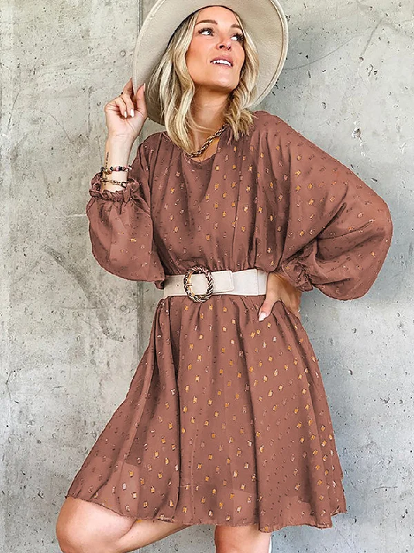 Round Neck Lantern Sleeve Printed Dress Rugged Women's Outdoor 